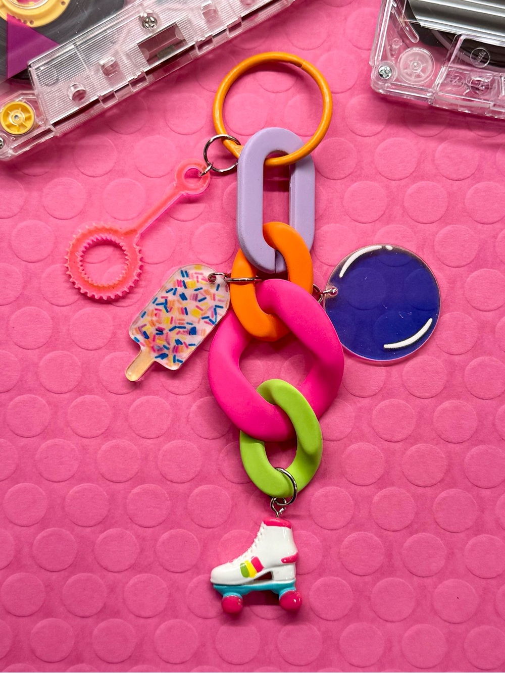 New Roller Skate, Bubbles Nostalgic Retro 80s 90s Style Bag Charm Keychain 5.5”